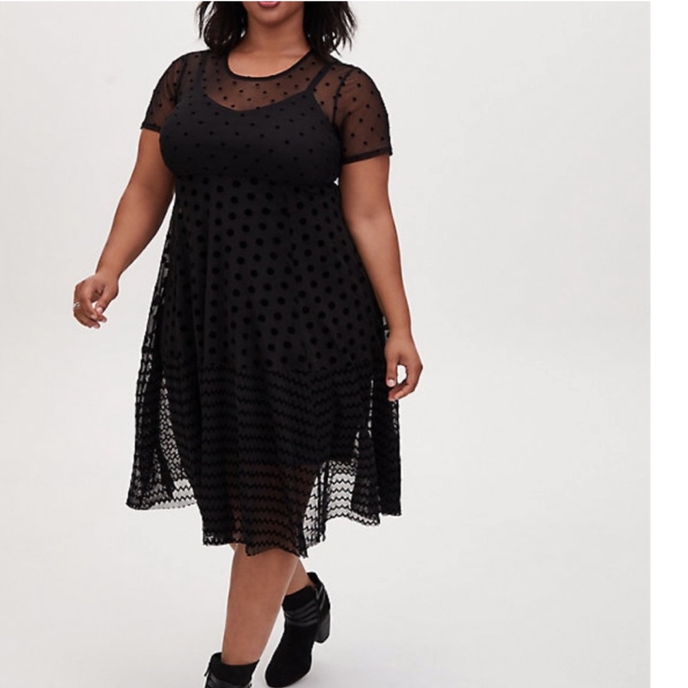 Torrid Black Flocked Polka Dot MIDI Dress 2